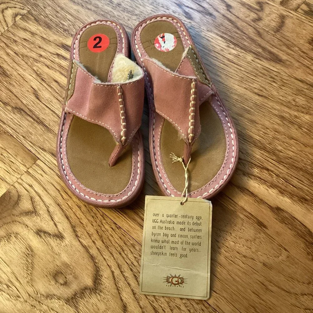NWT UGGS KIDS Layback Suede Leather & Fleece Flip Flop Sandals Shoes in Pink 2